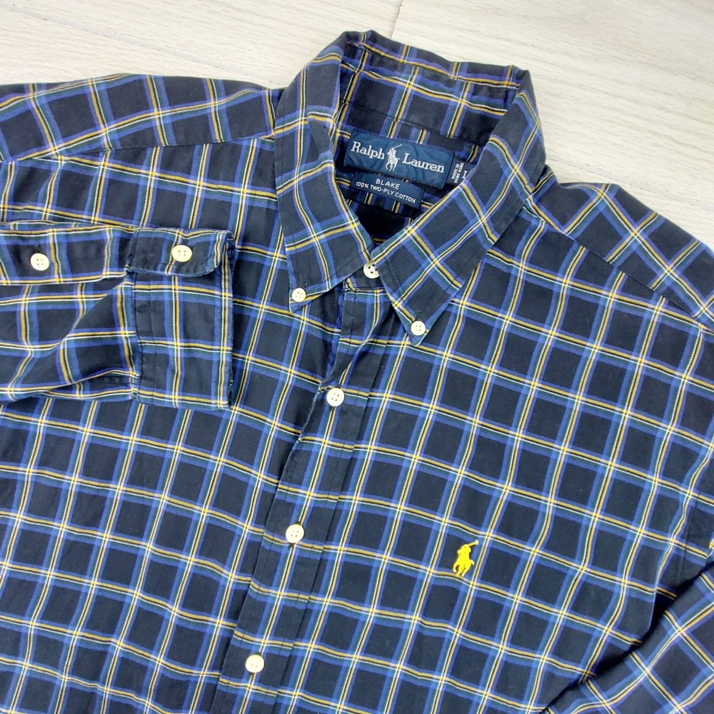 Ralph Lauren Blake Button Down Shirt Mens Large Navy Blue Plaid Cotton Preppy